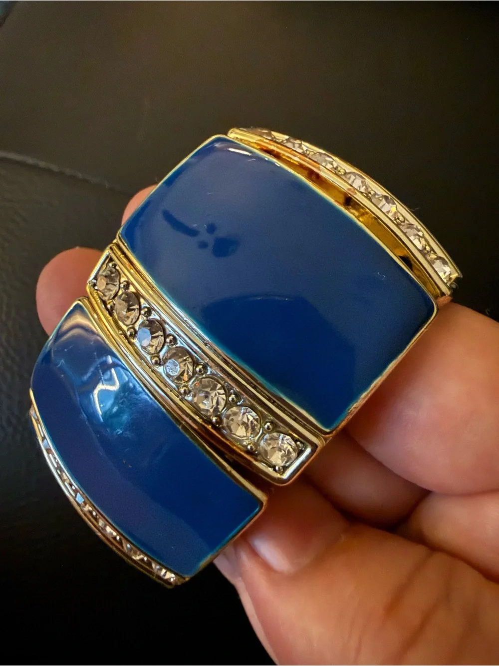 Blue Gold Tone Rhinestone Cuff Bracelet Statement Vintage Glam Chic